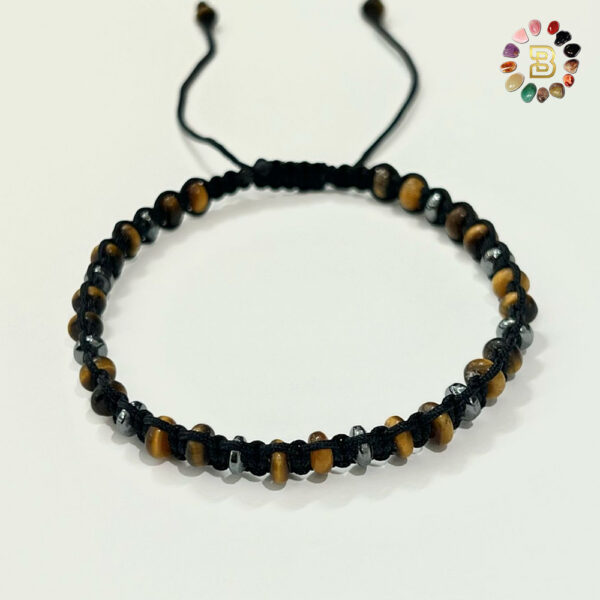 Flat Stone Tiger Eye with Matte Hematite Men Adjustable Bracelet