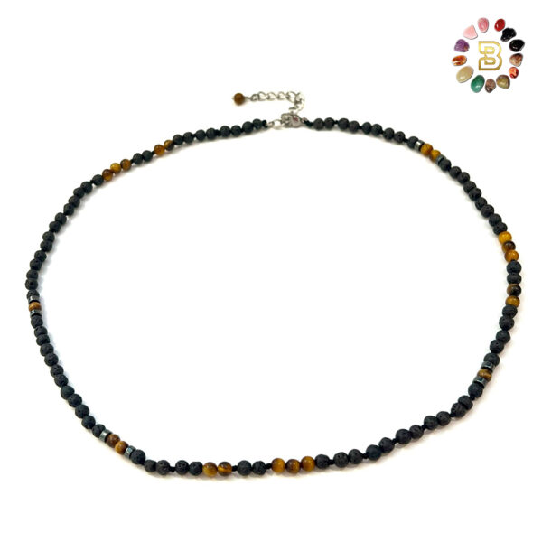 Lava Stone with Tiger Eye Men Necklace with Stainless Steel Lock