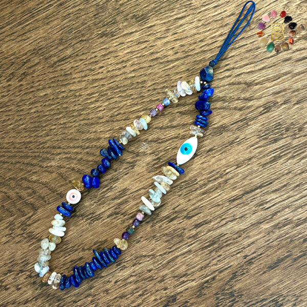 Natural Chips Stone Phone Chain/Strap with Shell Evil Eye (Lapis Lazuli, Citrine, and Aquamarine)