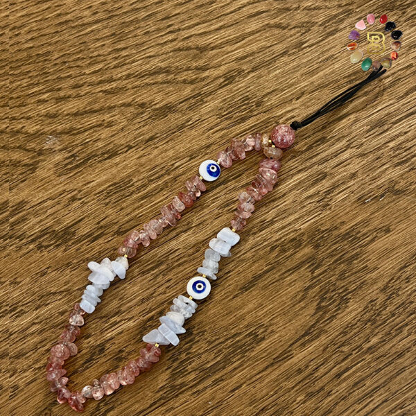 Natural Chips Stone Phone Chain/Strap with Shell Evil Eye( Strawberry Quartz and Blue lace Agate)