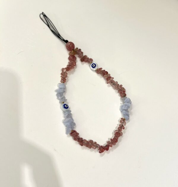 Natural Chips Stone Phone Chain/Strap with Shell Evil Eye( Strawberry Quartz and Blue lace Agate).