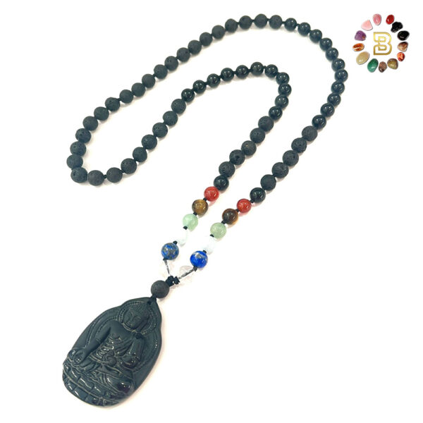 Seven Chakra with Lava  Stone and Black Obsidian Men Necklace with Buddha Pendant